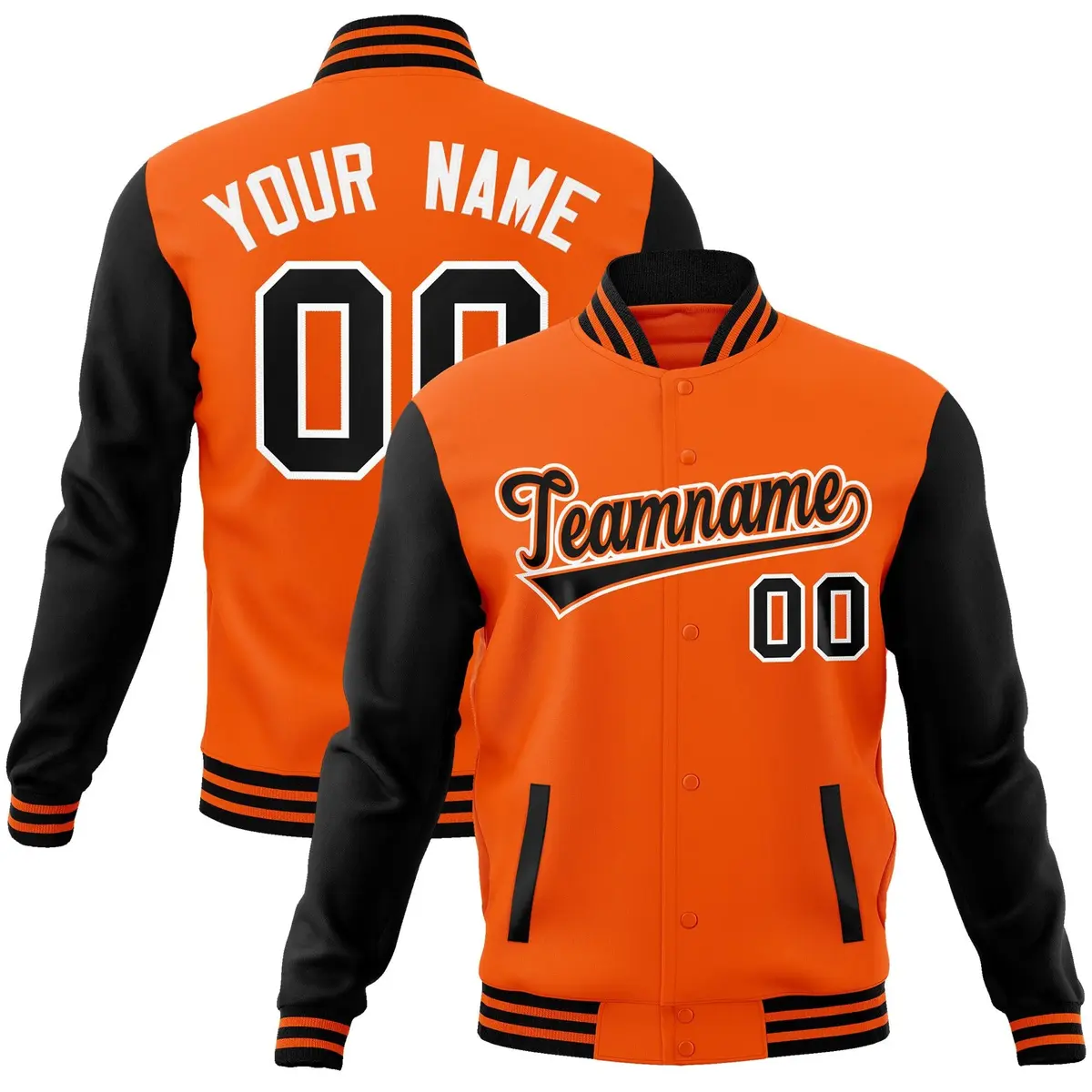 Orange Black-Orange Raglan Full-Snap Varsity Letterman Jacket