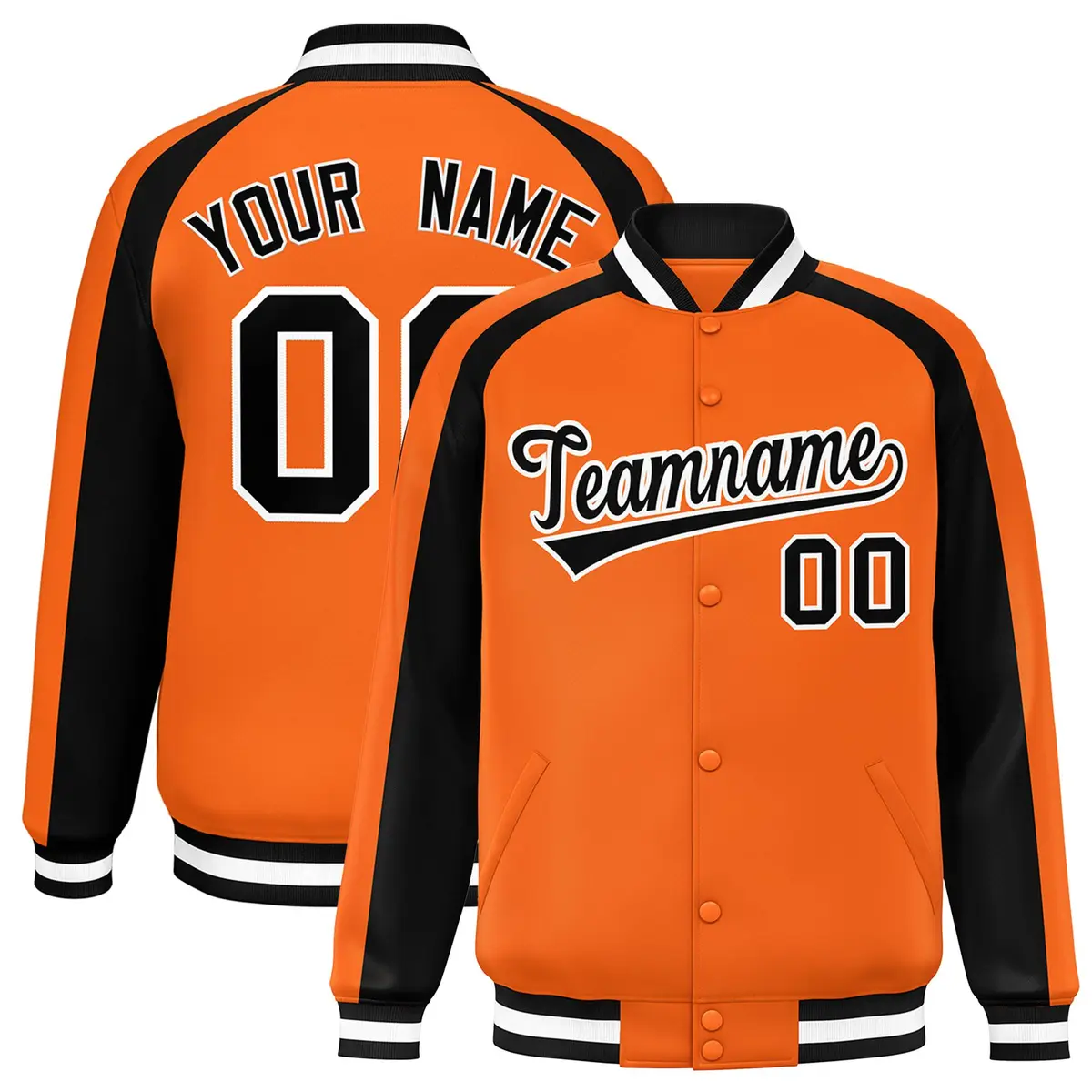 Orange Black Raglan Color Block Varsity Full-Snap Letterman Jacket