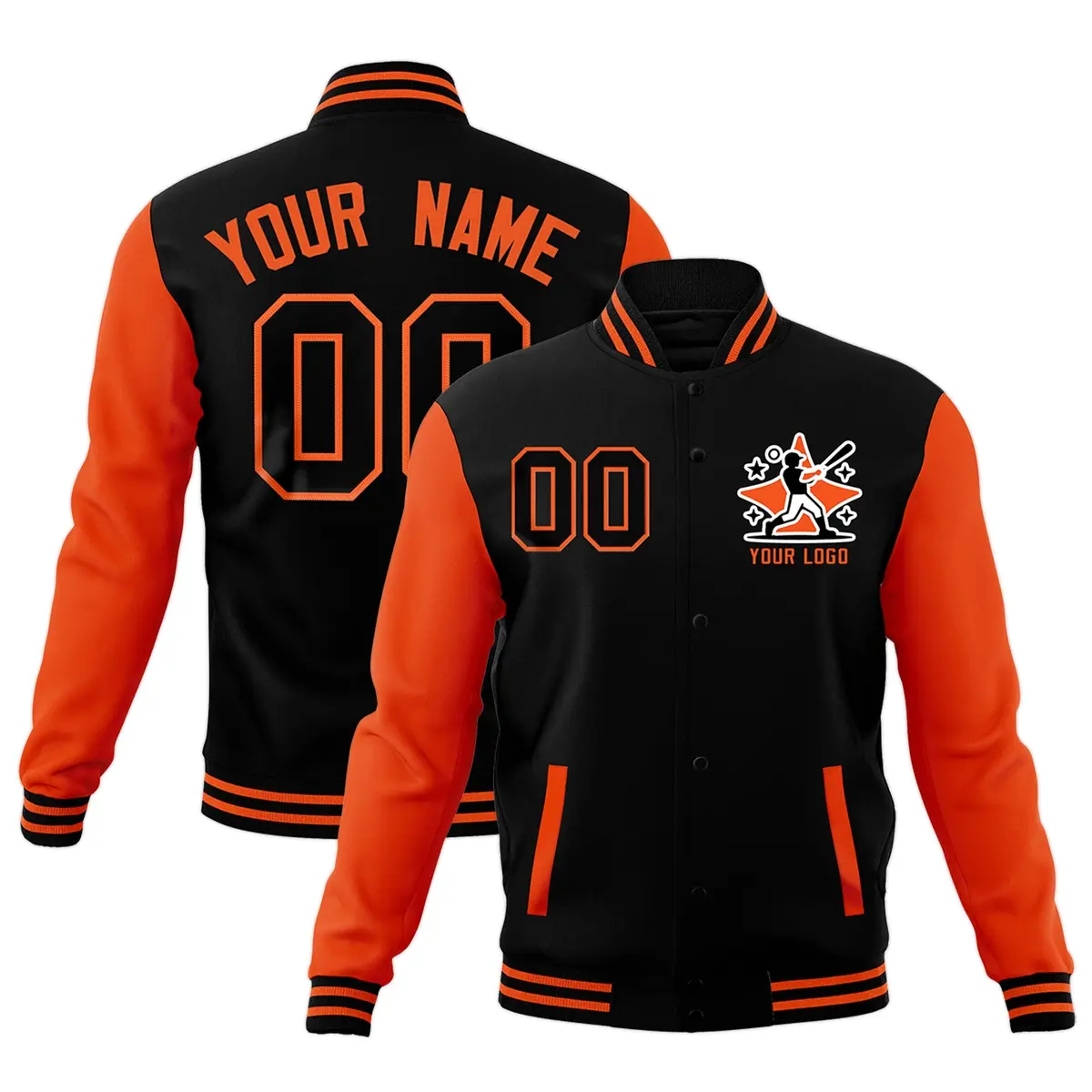Orange Black Raglan Sleeves Full-Snap Letterman Cotton Jacket