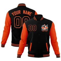 Orange Black Raglan Sleeves Full-Snap Letterman Cotton Jacket 1