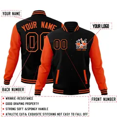 Orange Black Raglan Sleeves Full-Snap Letterman Cotton Jacket 2