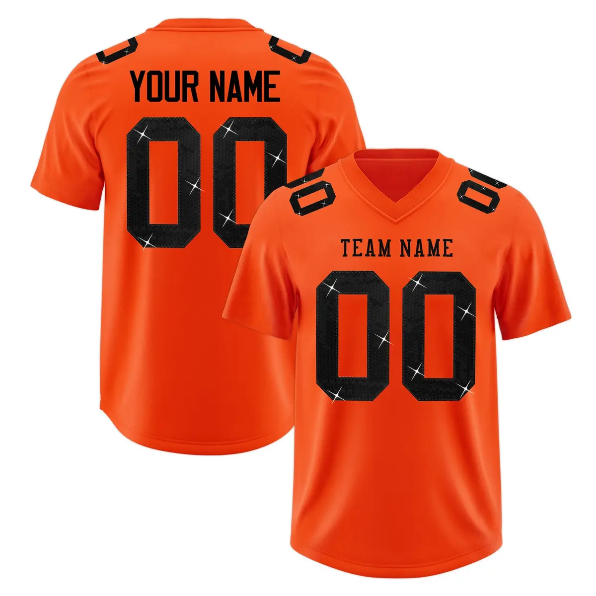 Orange Black Sequin Lettering Football Jersey