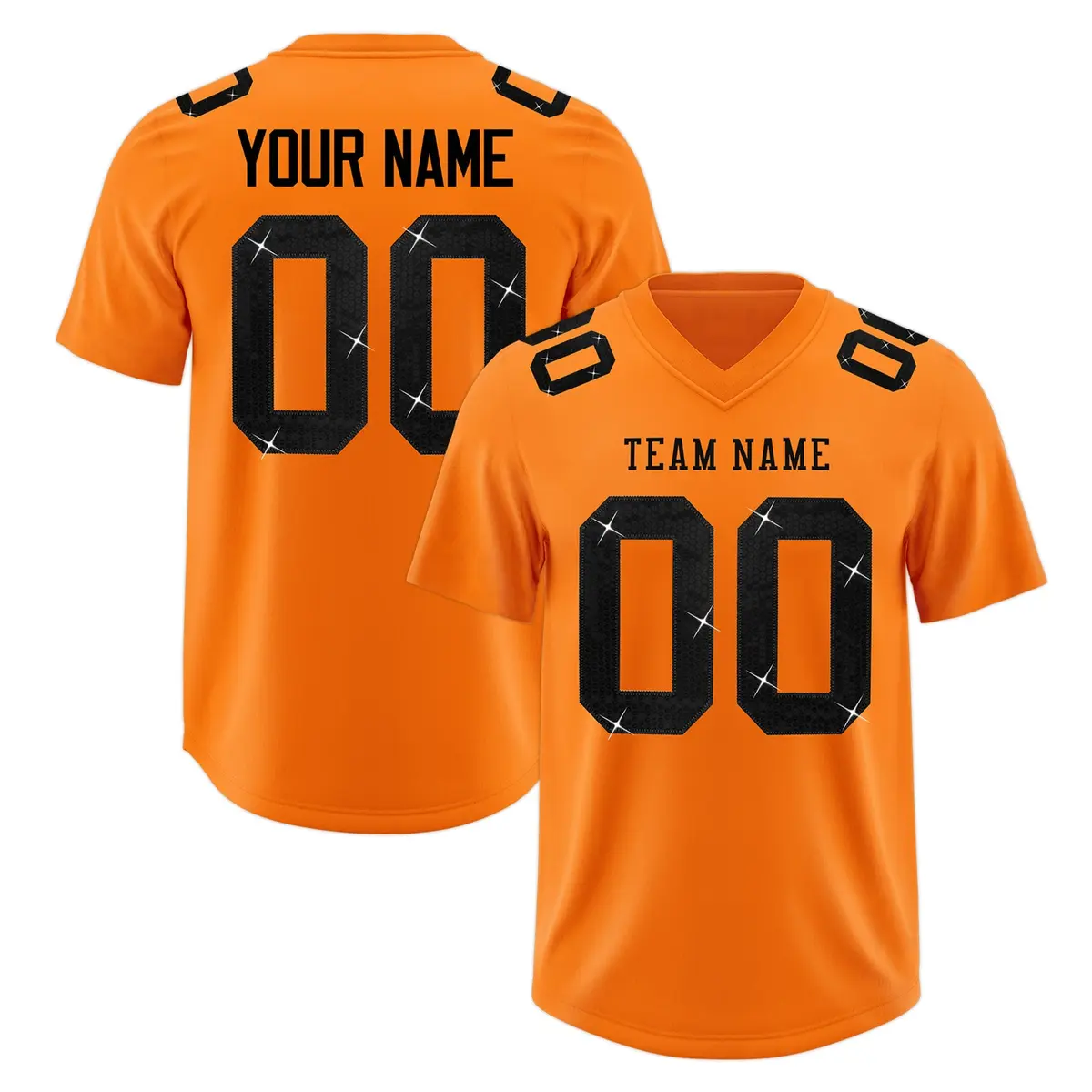 Orange Black Sequin Lettering Stretch Football Jersey