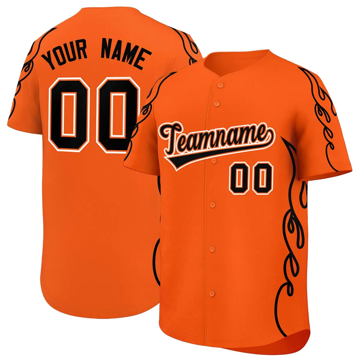 Orange Black Side Flame Outline Baseball Jersey