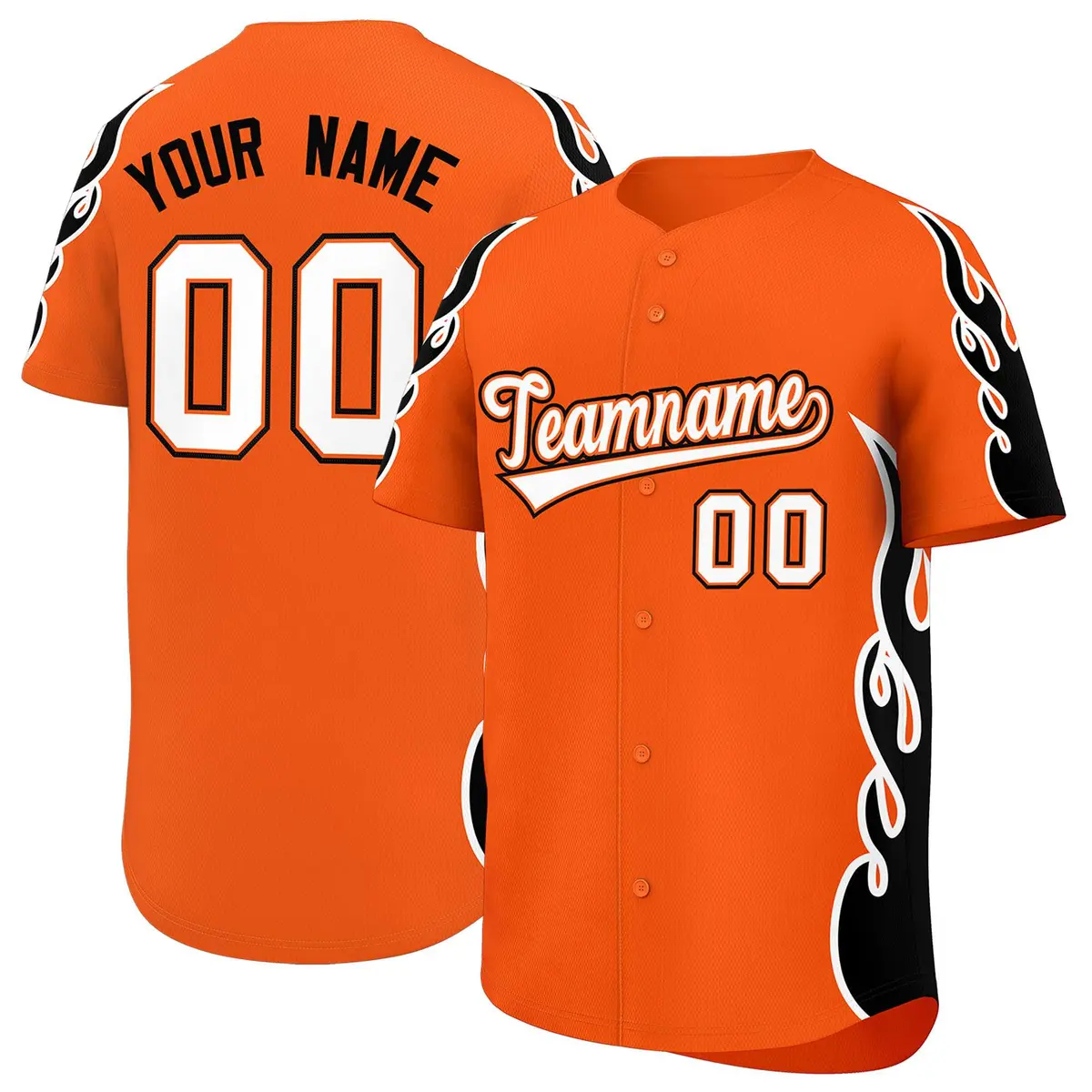 Orange Black Side Flame Outline Baseball Jersey