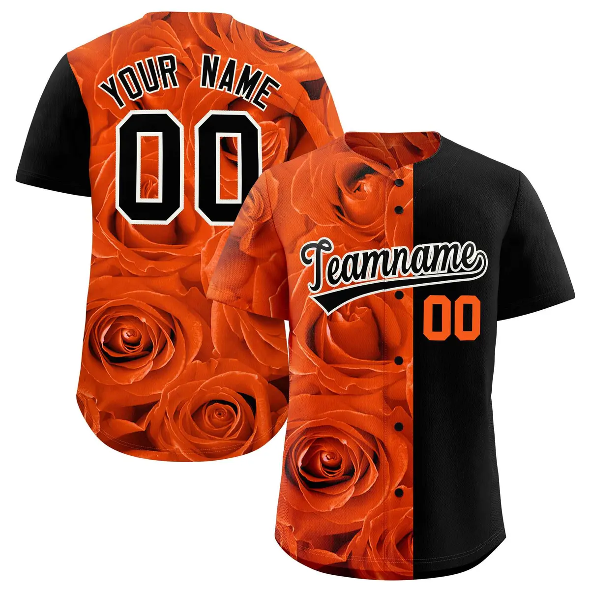 Orange Black Split Rose Print Baseball Jersey