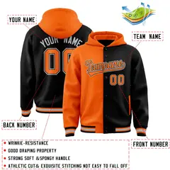 Orange Black Two Tone Split Full-Snap Varsity Letterman Hoodie Jacket 4