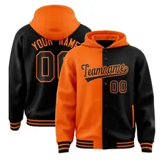 Orange Black Two Tone Split Full-Snap Varsity Letterman Hoodie Jacket 1