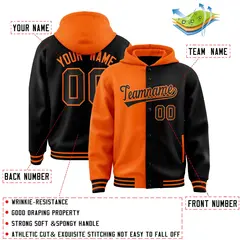 Orange Black Two Tone Split Full-Snap Varsity Letterman Hoodie Jacket 4