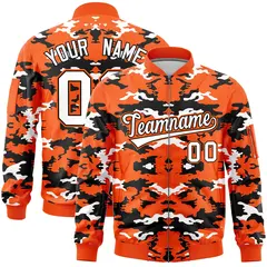 Orange Black-White Camo Varsity Full-Zip Letterman Bomber Jacket