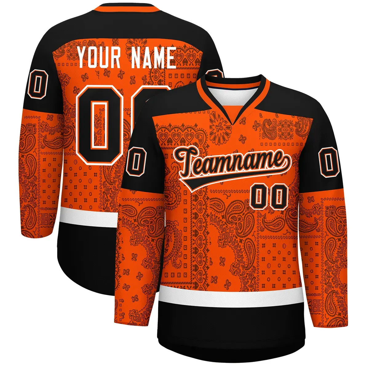 Orange Black White Cashew Flower Graffiti V-Neck Hockey Jersey