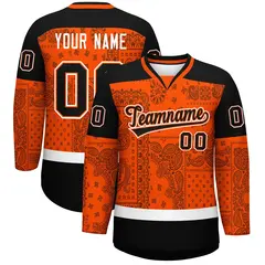 Orange Black White Cashew Flower Graffiti V-Neck Hockey Jersey