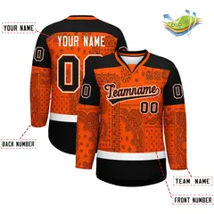 Orange Black White Cashew Flower Graffiti V-Neck Hockey Jersey 2
