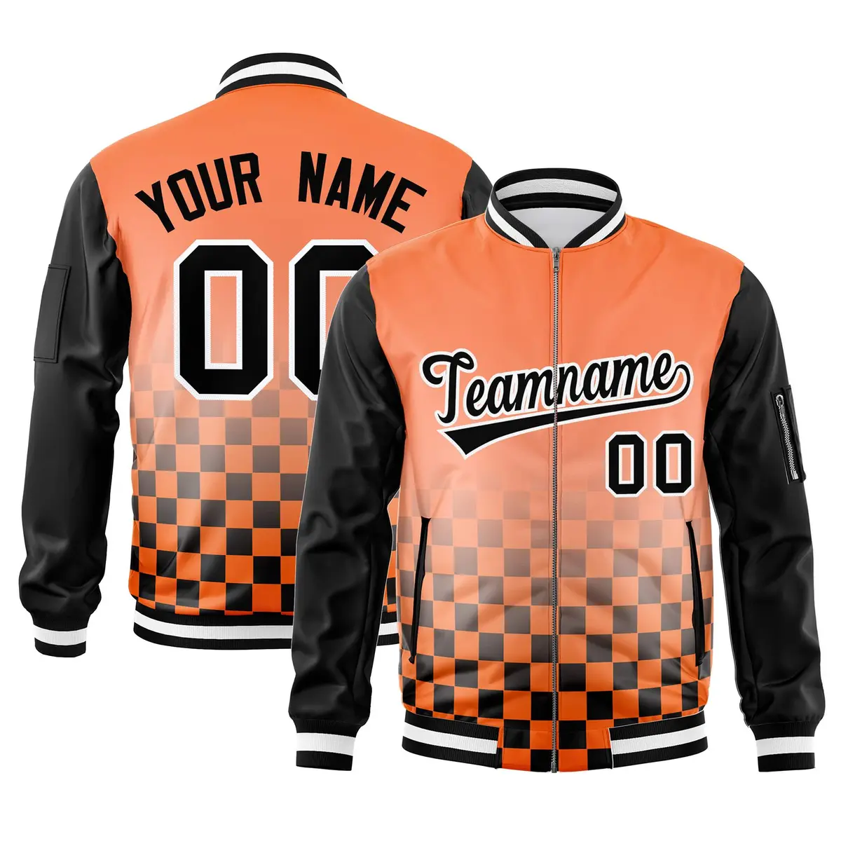 Orange Black-White Grid Color Block Letterman Raglan Jacket