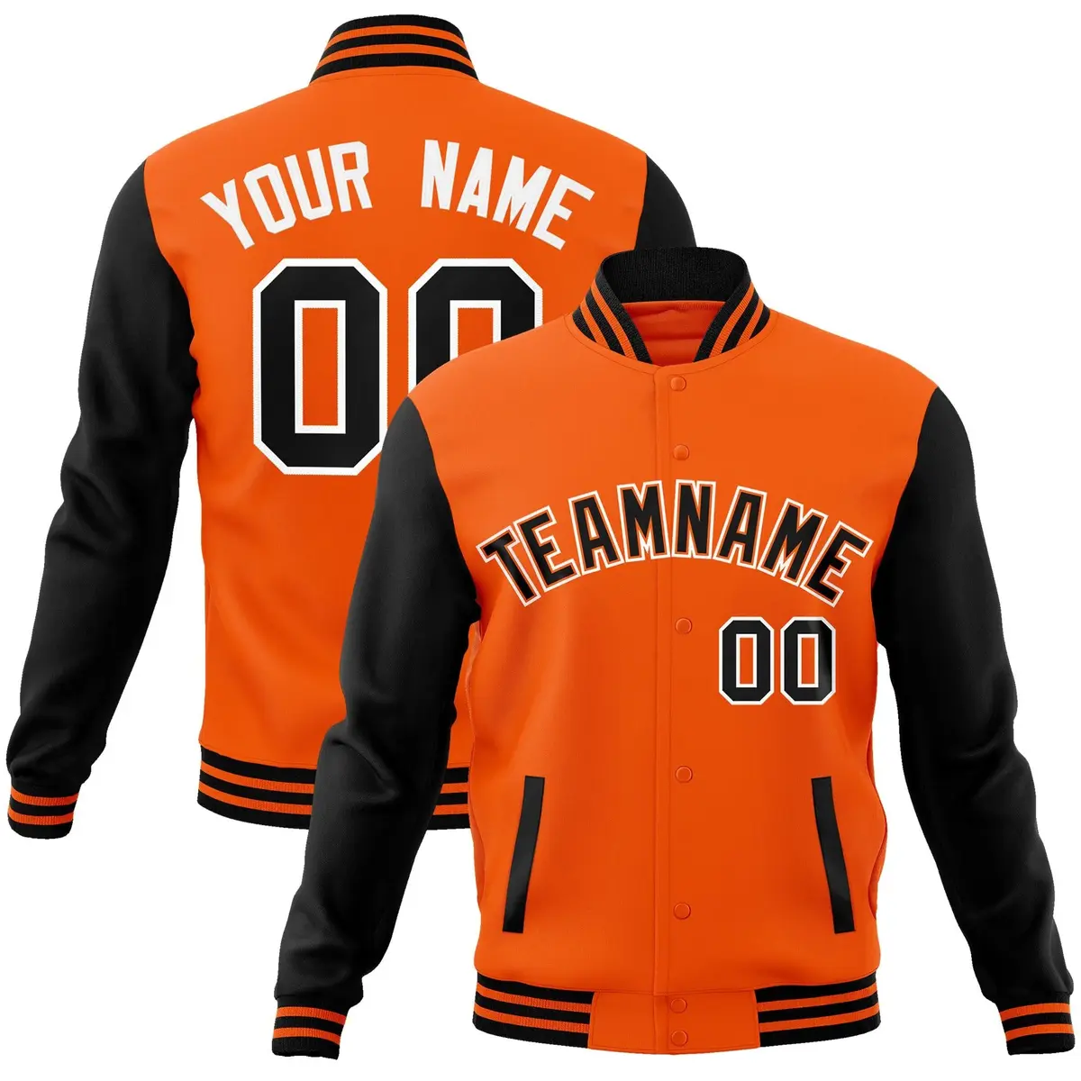 Orange Black-White Raglan Full-Snap Varsity Letterman Jacket