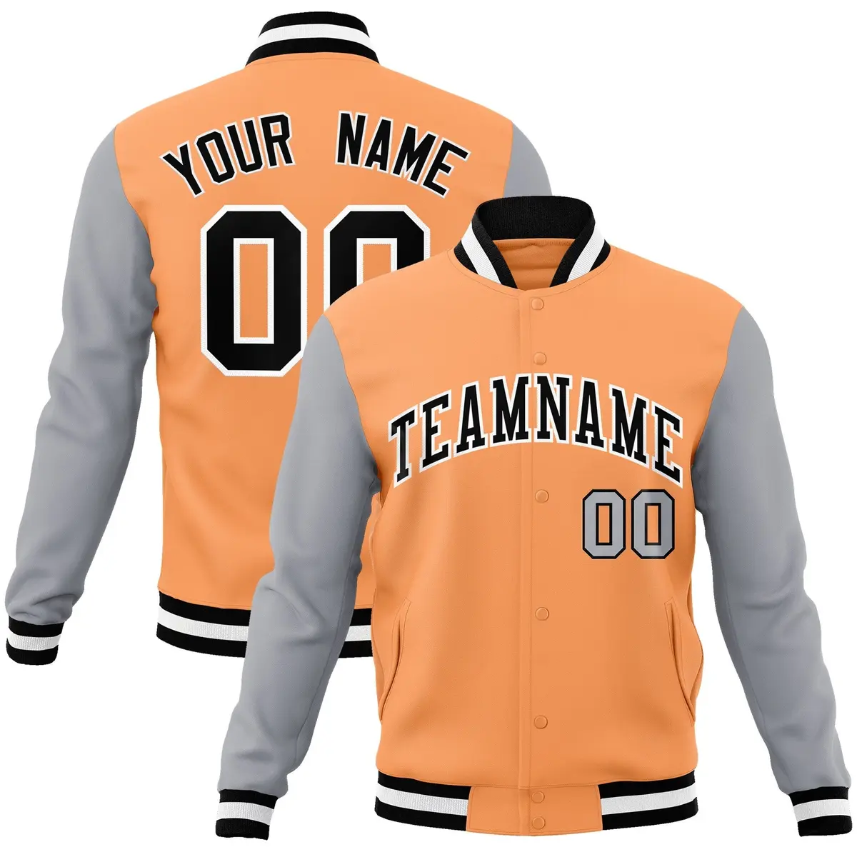 Orange Black-White Raglan Full-Snap Varsity Letterman Jacket