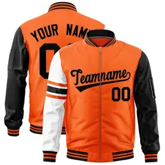 Orange Black-White Stripe Raglan Full-Zip Varsity Letterman Bomber Jacket