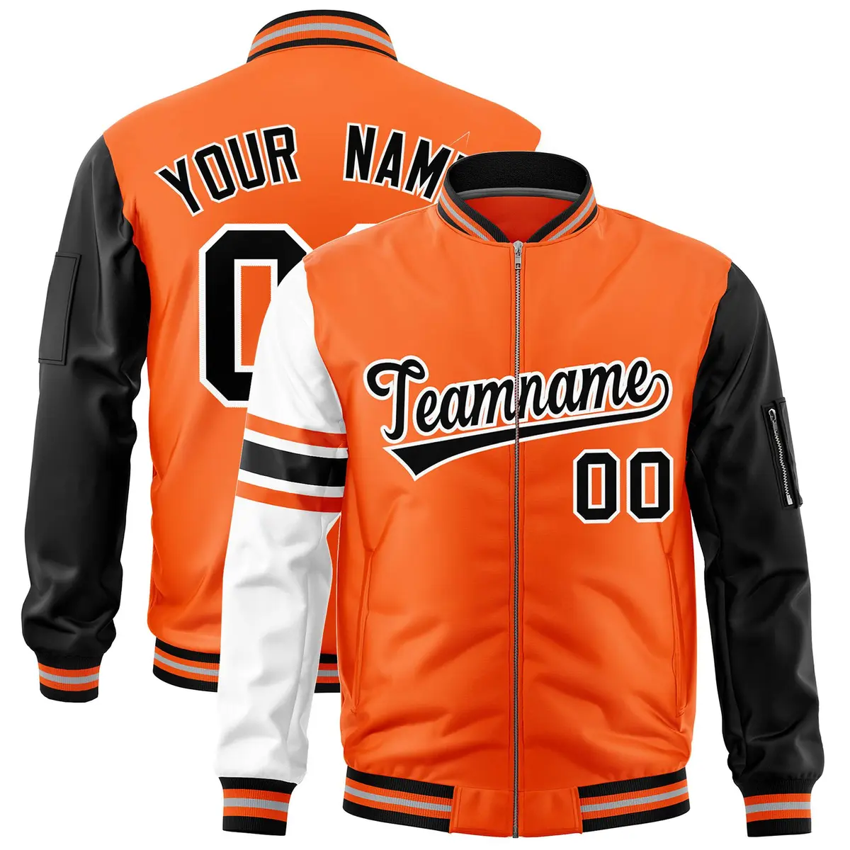 Orange Black-White Stripe Raglan Full-Zip Varsity Letterman Bomber Jacket