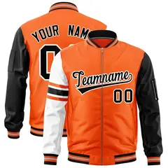 Orange Black-White Stripe Raglan Full-Zip Varsity Letterman Bomber Jacket 1