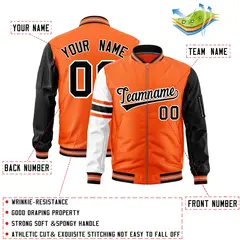 Orange Black-White Stripe Raglan Full-Zip Varsity Letterman Bomber Jacket 2