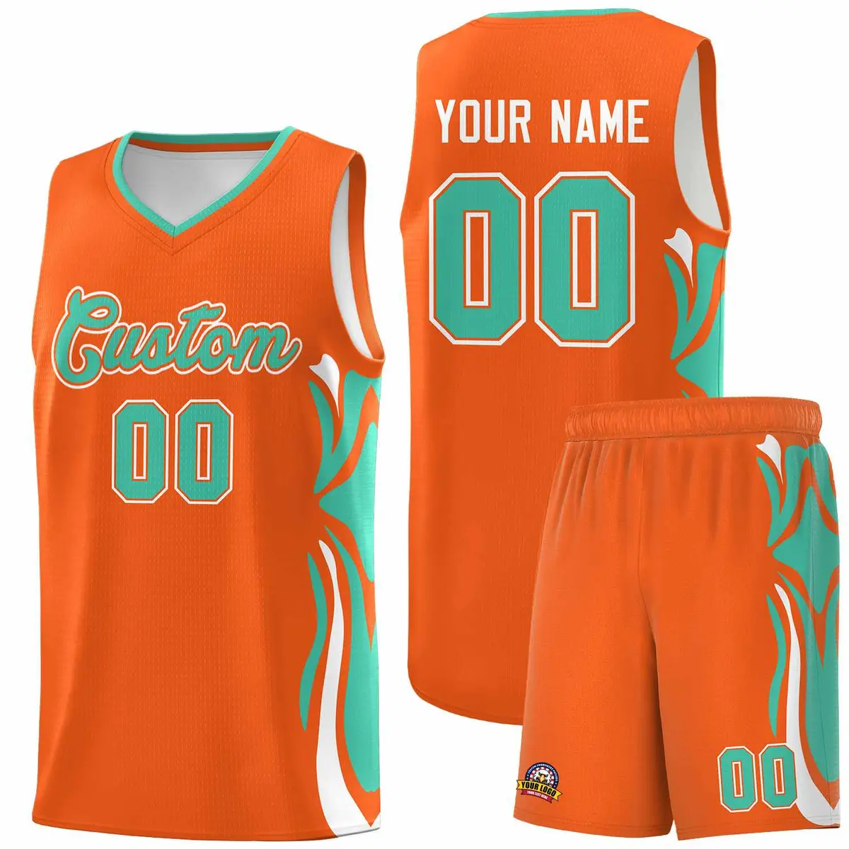 Orange Bright Green White Graffiti Side Curve Basketball Jersey Sets