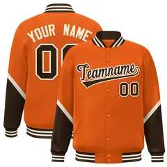 Orange Brown Color Block Varsity Letterman Baseball Jacket 1