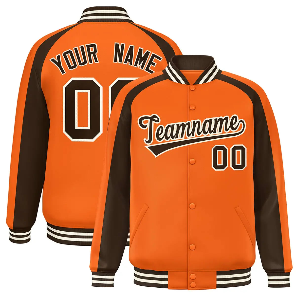 Orange Brown Raglan Color Block Varsity Full-Snap Letterman Jacket