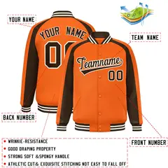 Orange Brown Raglan Color Block Varsity Full-Snap Letterman Jacket 2