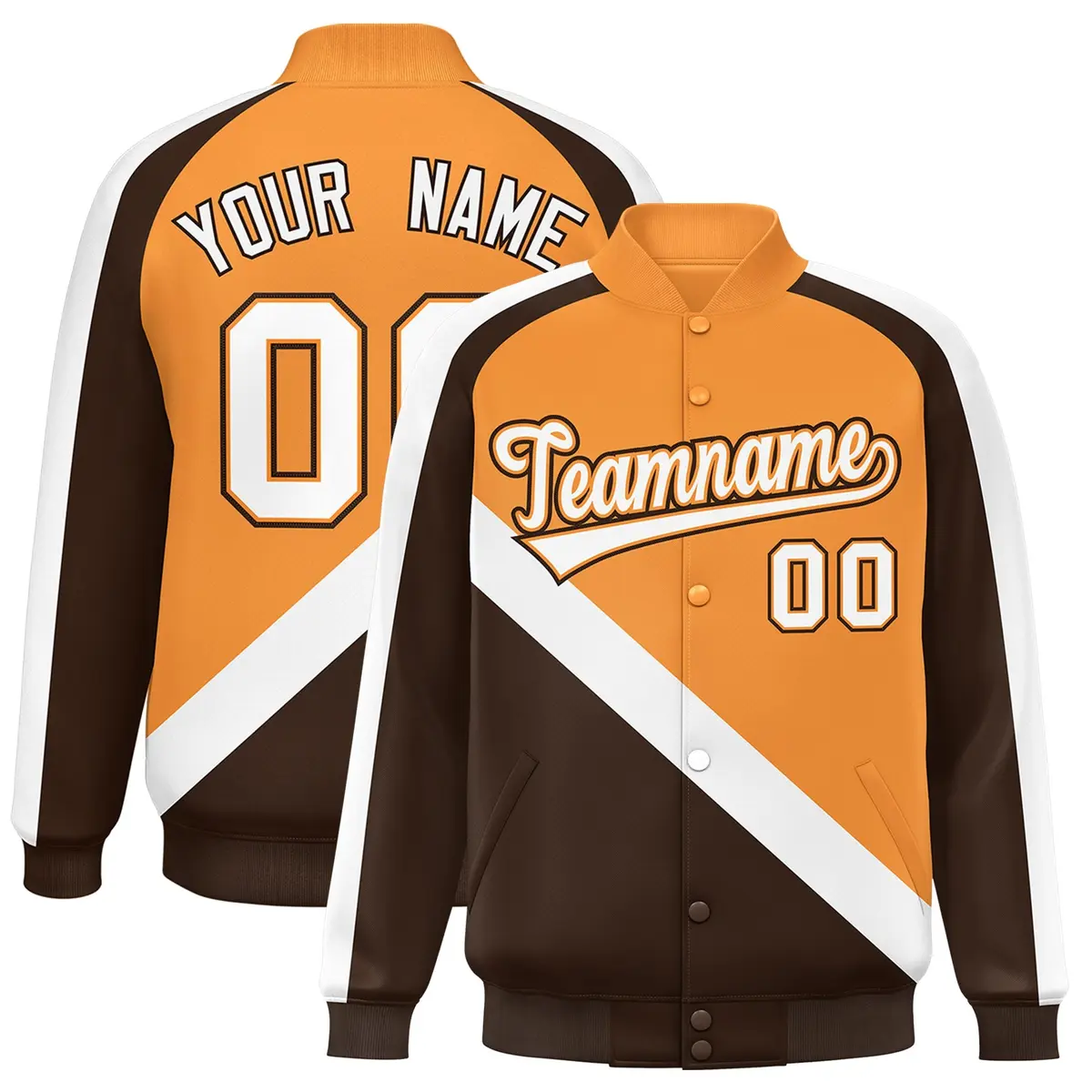 Orange Brown Raglan Varsity Full-Snap Letterman Baseball Jacket