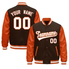 Orange Brown White Raglan Varsity Full-Snap Leather Sleeves Letterman Jacket 1