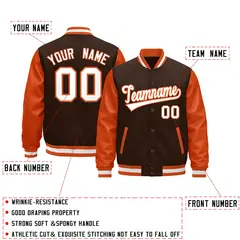 Orange Brown White Raglan Varsity Full-Snap Leather Sleeves Letterman Jacket 2