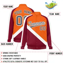 Orange Crimson Raglan Varsity Full-Snap Letterman Baseball Jacket 2