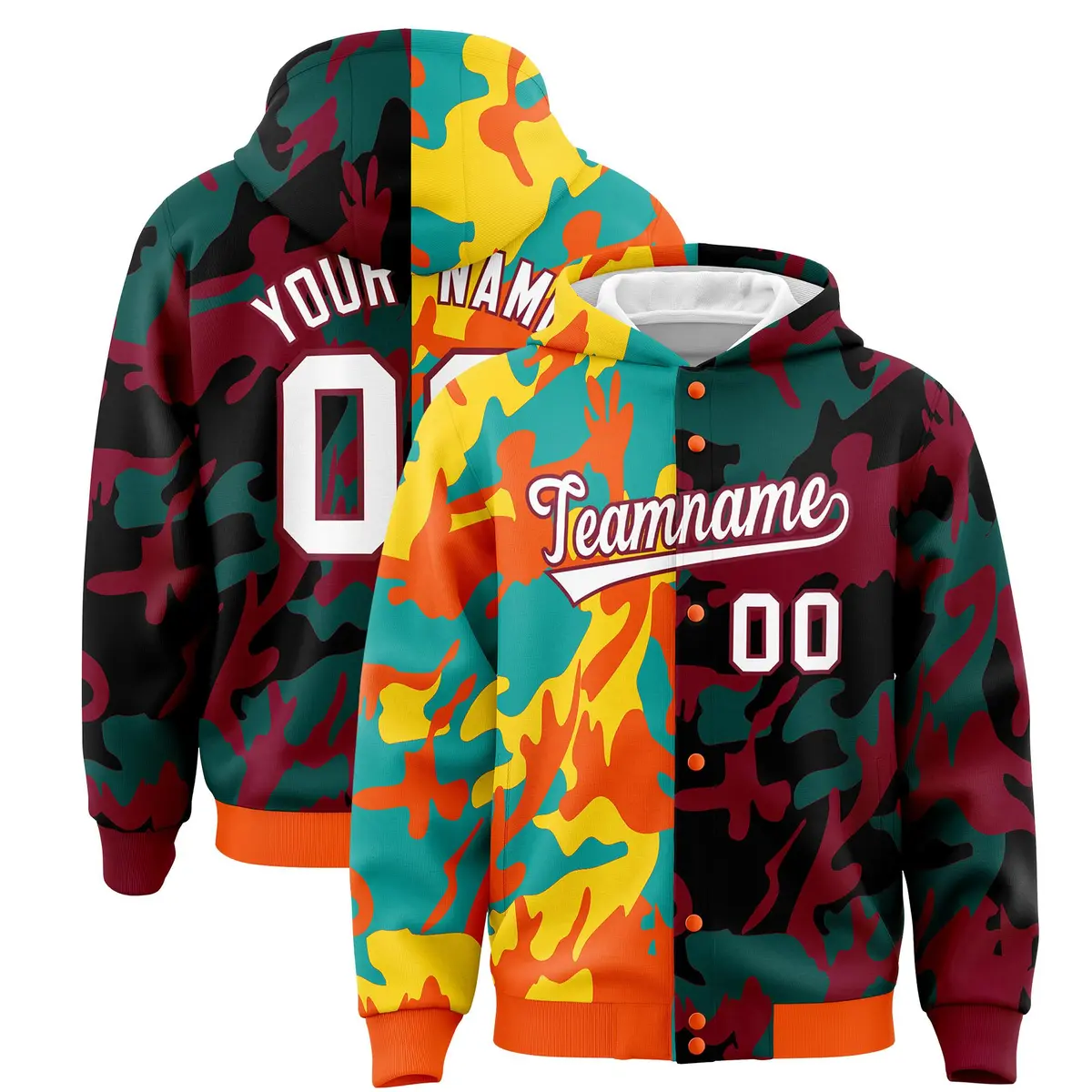 Orange Crimson Two Tone Full-Snap Varsity Letterman Jacket Hoodie