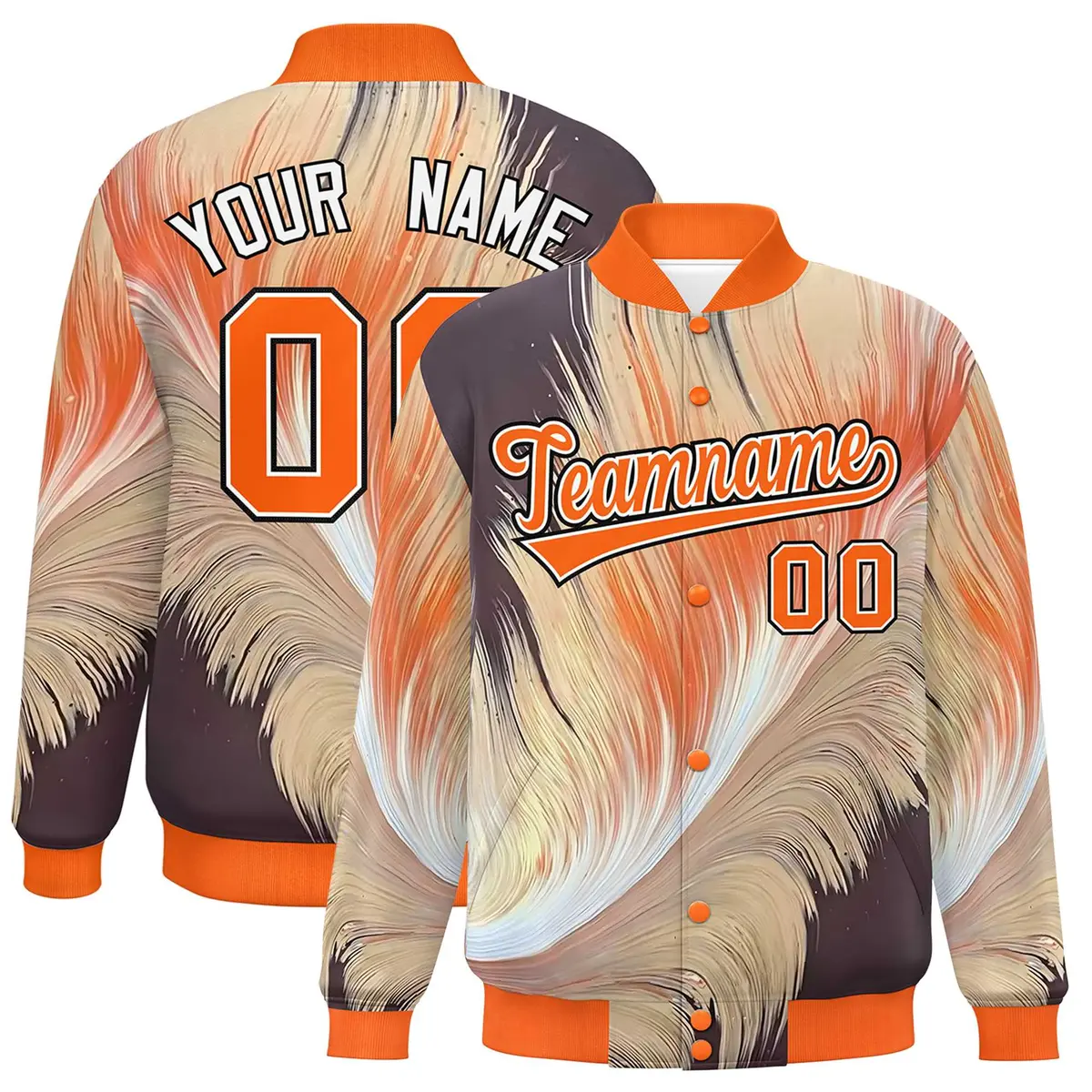 Orange Feather Fluid Pattern Full-Snap Varsity Letterman Jacket