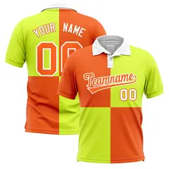 Orange Fluorescent Green Four Squares Performance Polo Shirt