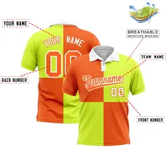 Orange Fluorescent Green Four Squares Performance Polo Shirt 2