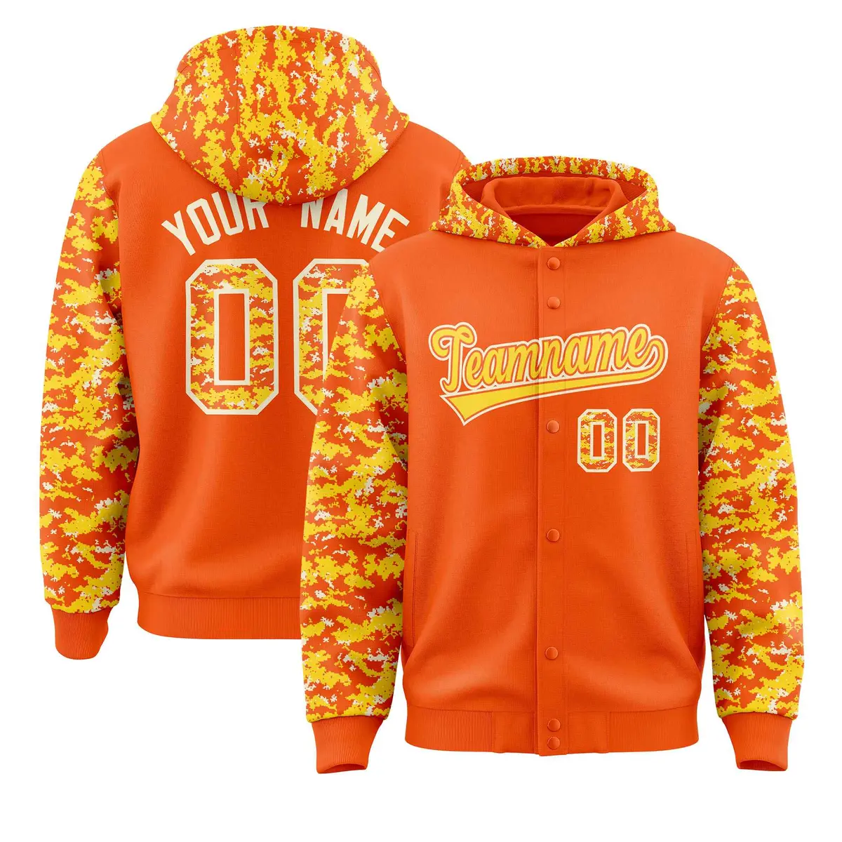 Orange Gold-Cream Raglan Camo Varsity Full-Snap Letterman Jacket