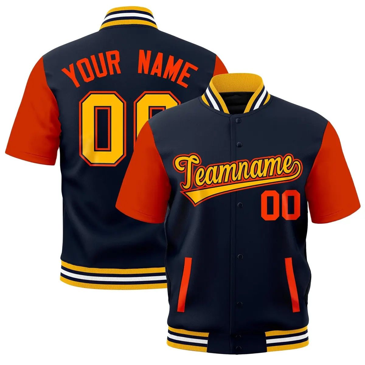Orange Gold Navy Short Sleeve Full-Snap Varsity Jacket