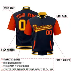 Orange Gold Navy Short Sleeve Full-Snap Varsity Jacket 2