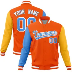 Orange Gold-Powder Blue Raglan Sleeves Varsity Full-Snap Letterman Jacket 1