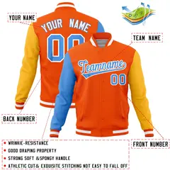 Orange Gold-Powder Blue Raglan Sleeves Varsity Full-Snap Letterman Jacket 4
