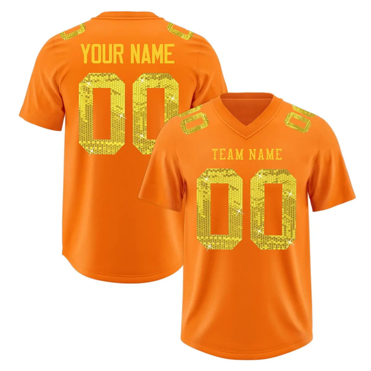 Orange Gold Sequin Lettering Breathable Football Jersey