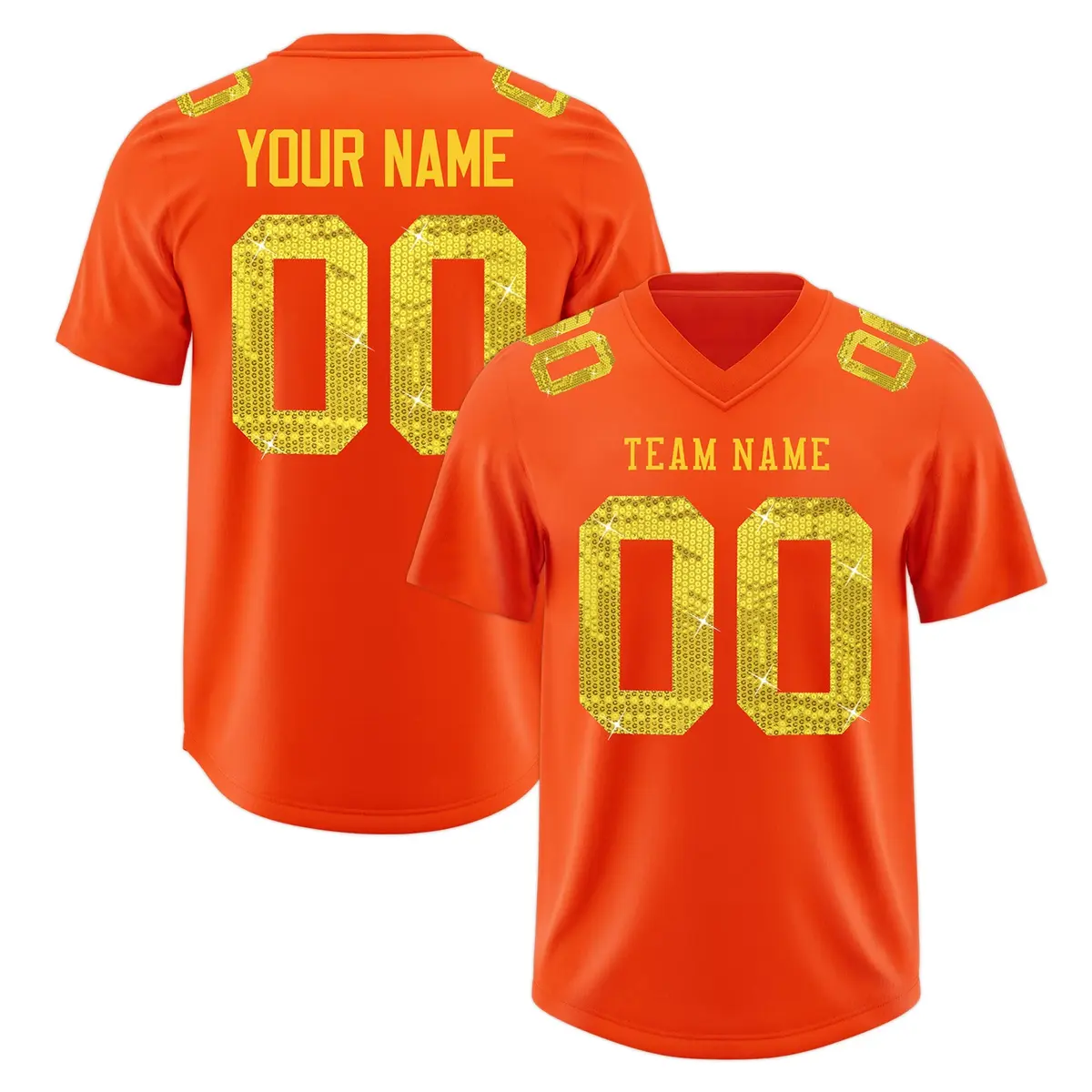 Orange Gold Sequin Lettering Stretch Fabric Football Jersey