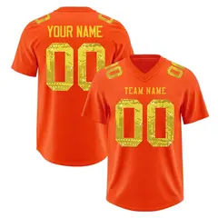 Orange Gold Sequin Lettering Stretch Fabric Football Jersey