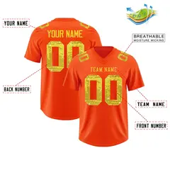 Orange Gold Sequin Lettering Stretch Fabric Football Jersey 2
