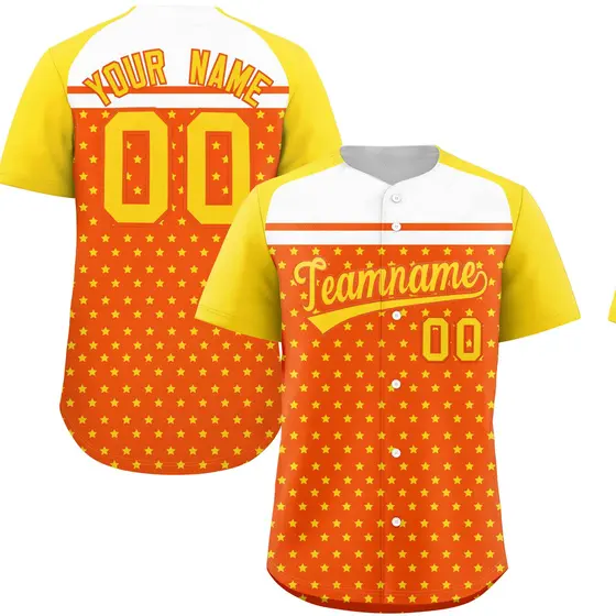 Orange Gold White Raglan Star Print Baseball Jersey