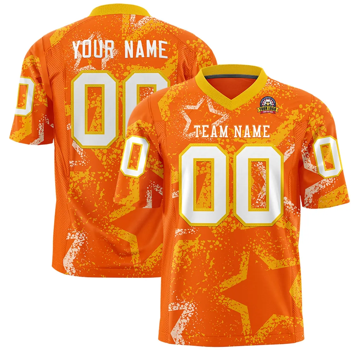 Orange Gold-White Star Graffiti Authentic Football Jersey