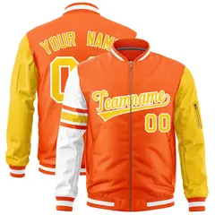 Orange Gold-White Varsity Full-Zip Raglan Stripe Letterman Bomber Jacket 1