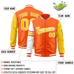Orange Gold-White Varsity Full-Zip Raglan Stripe Letterman Bomber Jacket 2