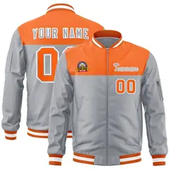 Orange Gray Color Block Letterman Varsity Full-Zip Bomber Jacket
